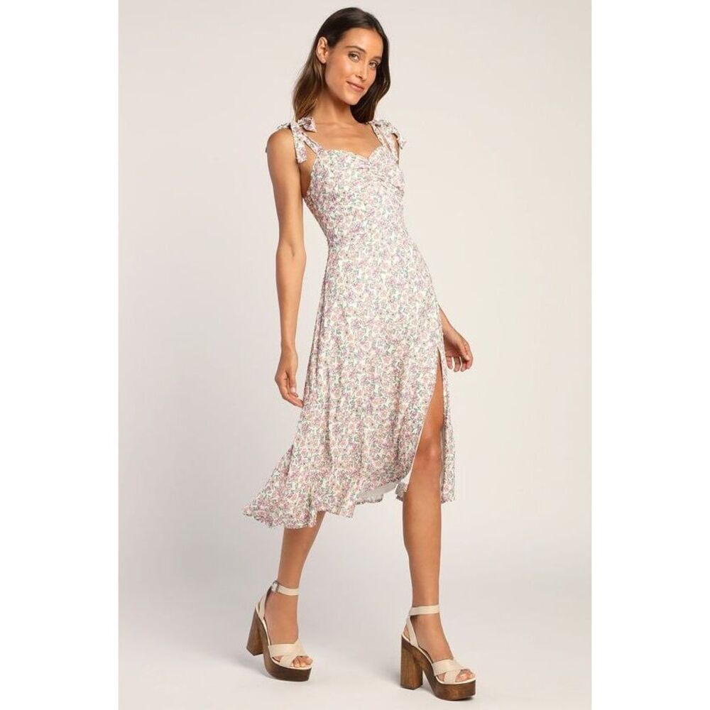 Lulus Floral Fete Ivory Floral Print Tie-strap Midi Dress White - Size XS
